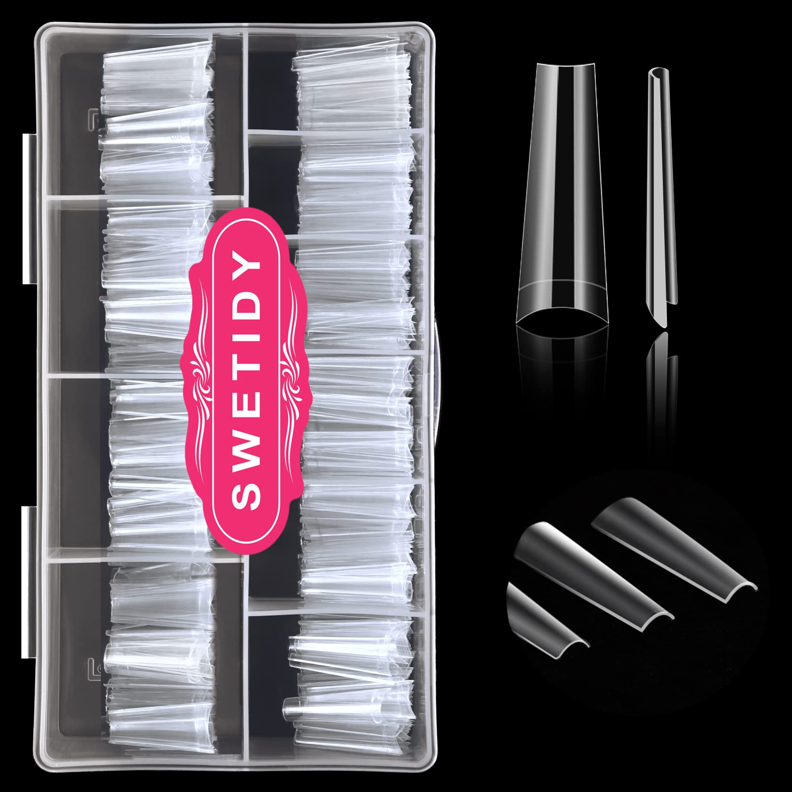 SWETIDY 500pcs No C Curve XL Coffin Nail Tips – Clear Long Coffin Acrylic Nails, 10 Sizes in Box