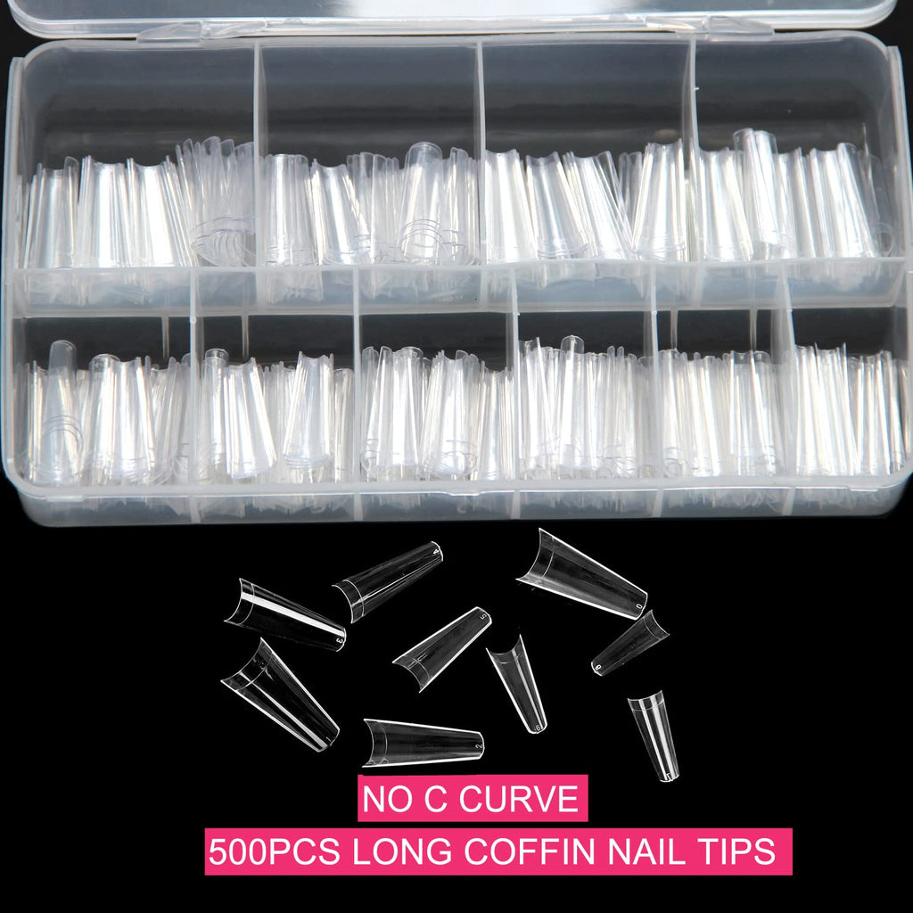 SWETIDY 500pcs No C Curve XL Coffin Nail Tips – Clear Long Coffin Acrylic Nails, 10 Sizes in Box
