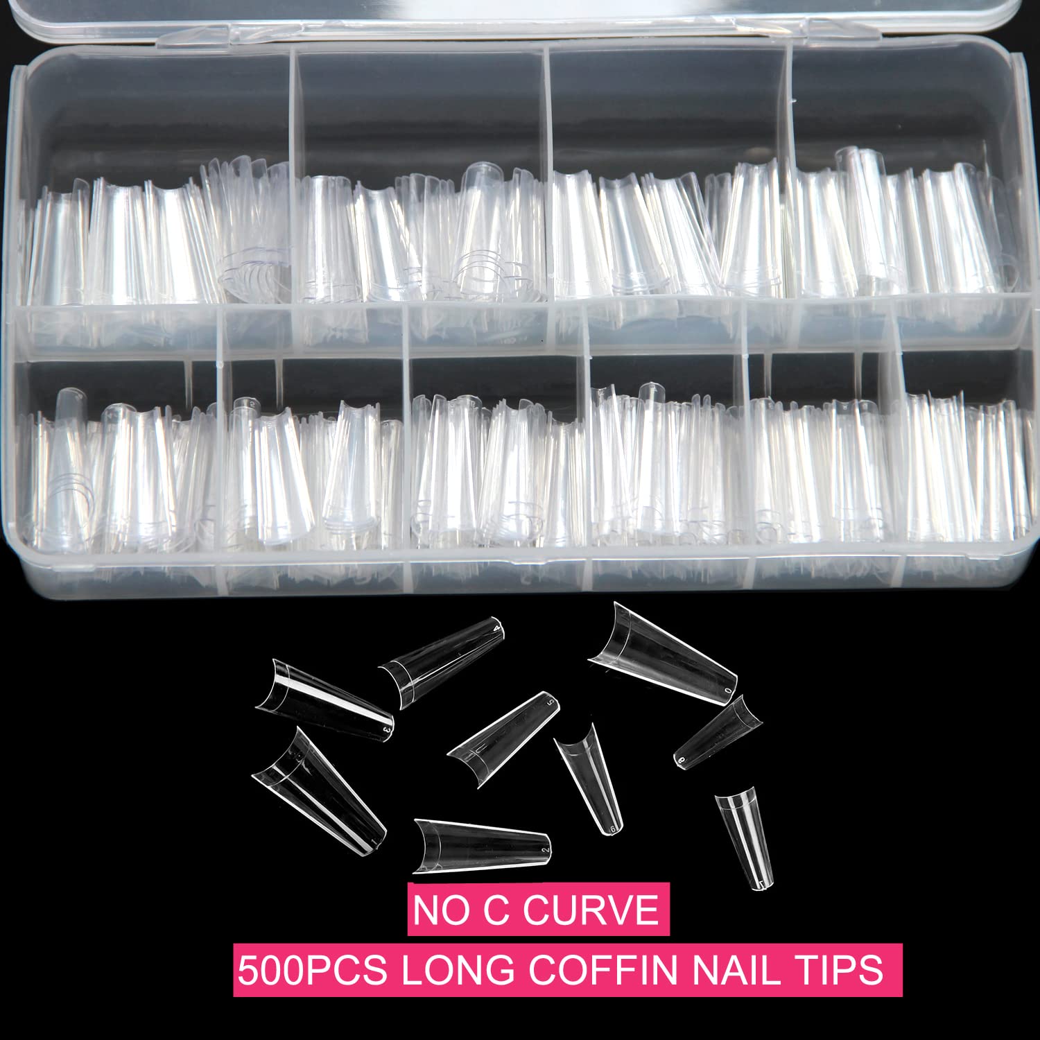 SWETIDY 500pcs No C Curve XL Coffin Nail Tips – Clear Long Coffin Acrylic Nails, 10 Sizes in Box