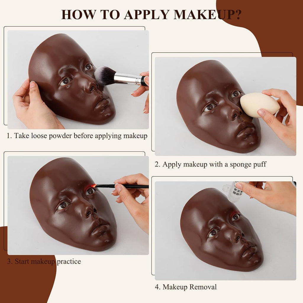 SWHDT Makeup Practice Face Board Set – 5D Silicone Full Face Head with Brushes & Eyebrow Pen (Dark Brown)
