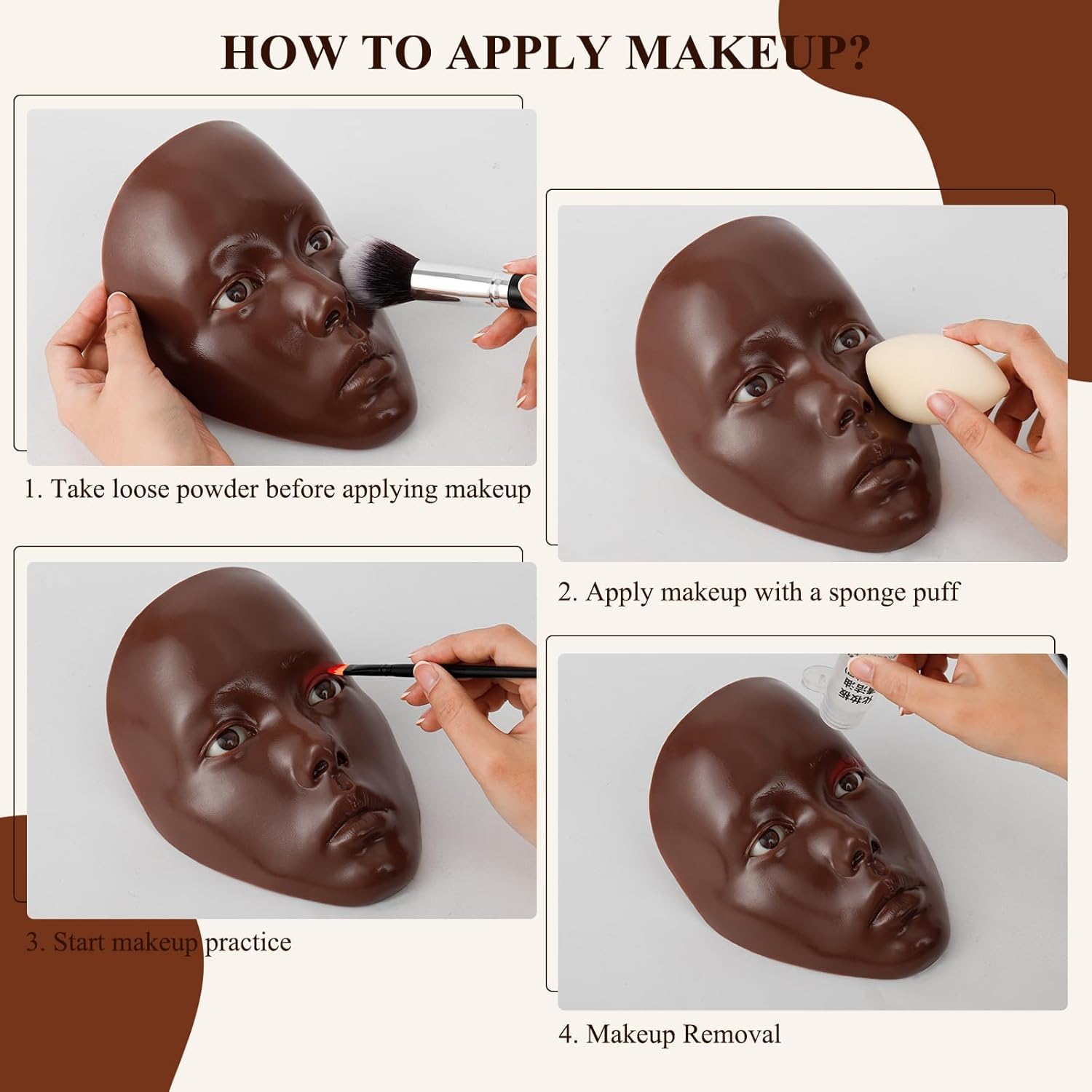 SWHDT Makeup Practice Face Board Set – 5D Silicone Full Face Head with Brushes & Eyebrow Pen (Dark Brown)