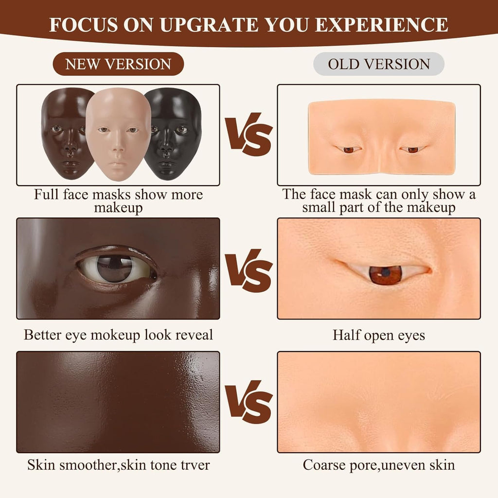 SWHDT Makeup Practice Face Board Set – 5D Silicone Full Face Head with Brushes & Eyebrow Pen (Dark Brown)