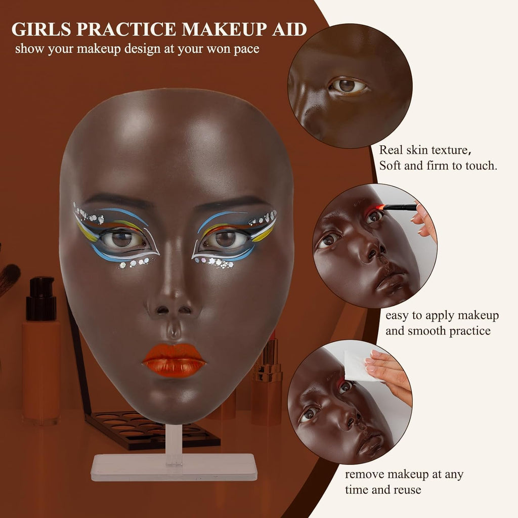 SWHDT Makeup Practice Face Board Set – 5D Silicone Full Face Head with Brushes & Eyebrow Pen (Dark Brown)