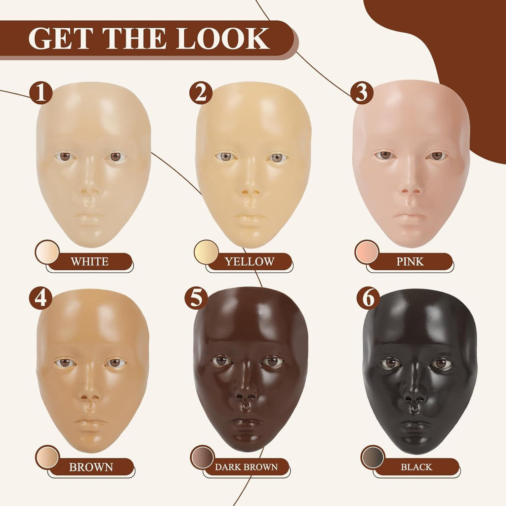 SWHDT Makeup Practice Face Board Set – 5D Silicone Full Face Head with Brushes & Eyebrow Pen (Dark Brown)