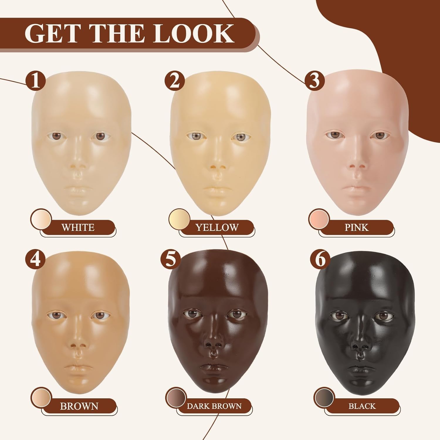 SWHDT Makeup Practice Face Board Set – 5D Silicone Full Face Head with Brushes & Eyebrow Pen (Dark Brown)