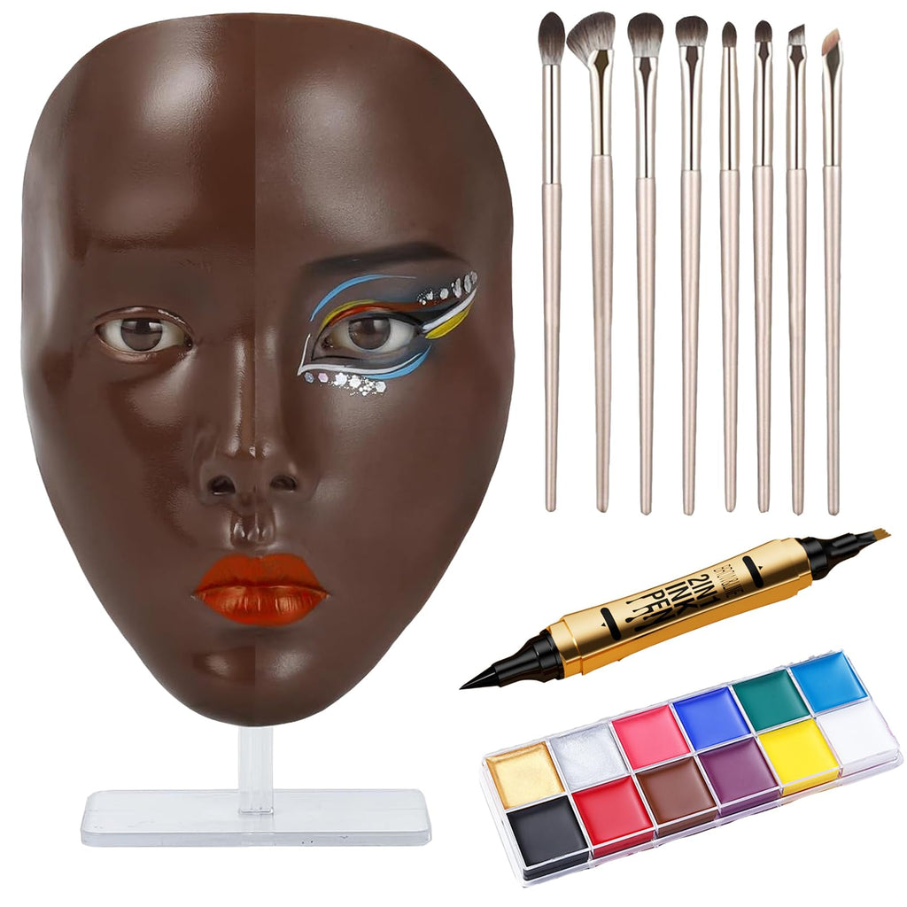 SWHDT Makeup Practice Face Board Set – 5D Silicone Full Face Head with Brushes & Eyebrow Pen (Dark Brown)