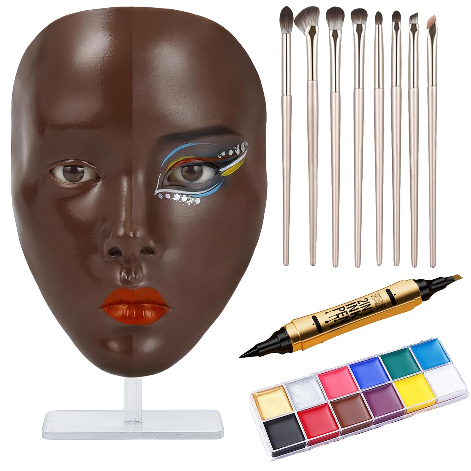 SWHDT Makeup Practice Face Board Set – 5D Silicone Full Face Head with Brushes & Eyebrow Pen (Dark Brown)