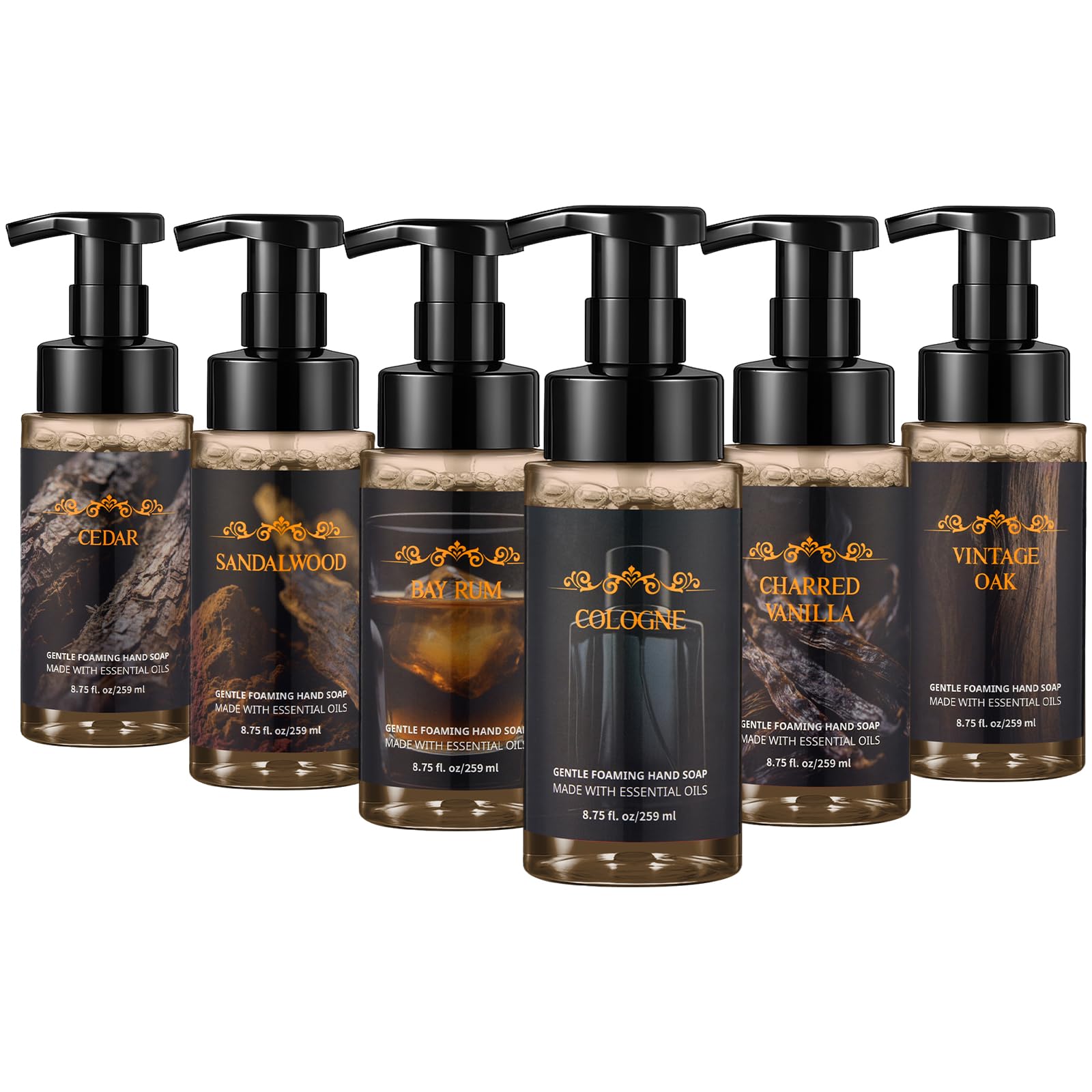 Swiffen 6 Pack Men's Foaming Hand Soap with Pump – Moisturizing, Masculine Scents (Cedar, Sandalwood, Bay Rum, Cologne, Charred Vanilla, Vintage Oak)