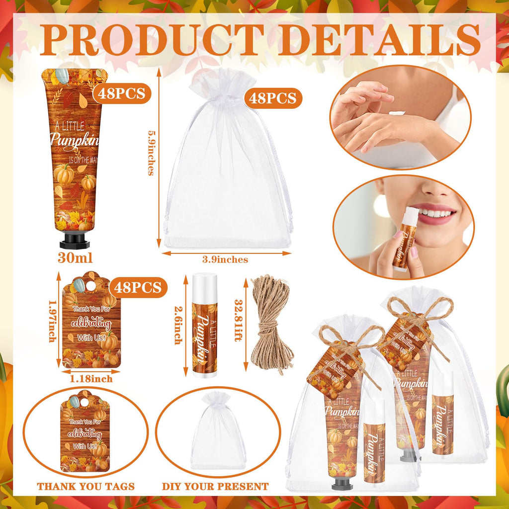 Swiffen 48 Sets 192 Pcs Fall Thanksgiving Baby Shower Gifts Bulk – Pumpkin Hand Cream & Lip Balm Favors