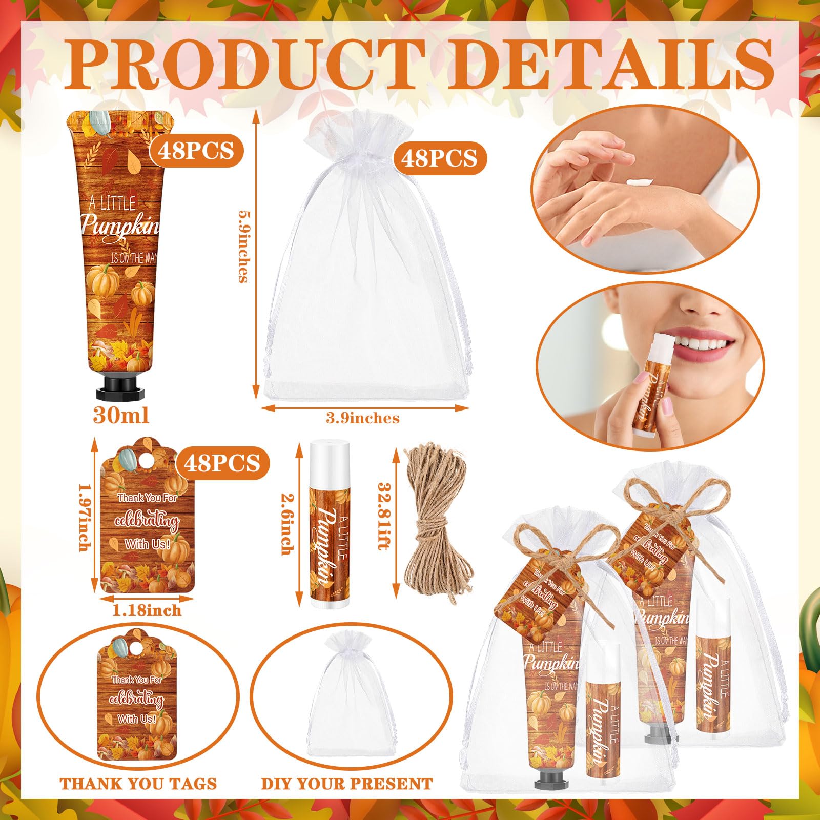 Swiffen 48 Sets 192 Pcs Fall Thanksgiving Baby Shower Gifts Bulk – Pumpkin Hand Cream & Lip Balm Favors