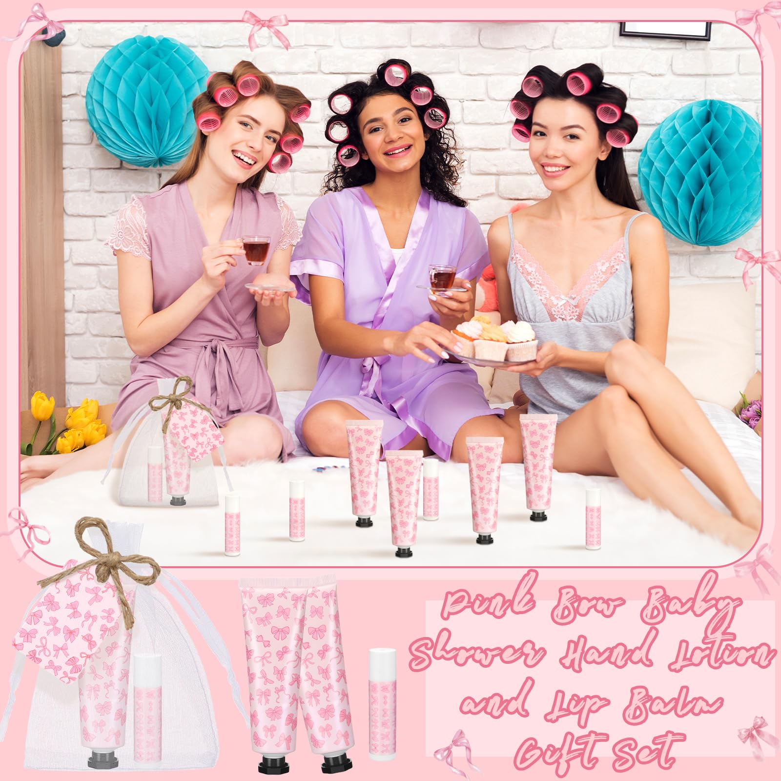 Swiffen Coquette 48-Set Pink Bow Baby Shower Favors – Hand Cream & Lip Balm
