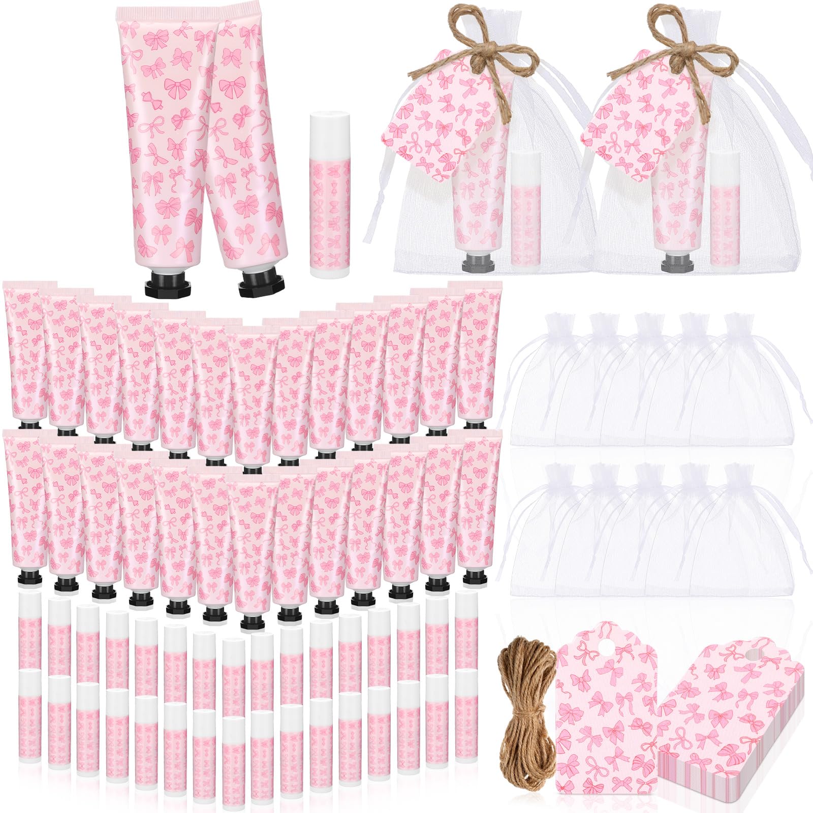 Swiffen Coquette 48-Set Pink Bow Baby Shower Favors – Hand Cream & Lip Balm