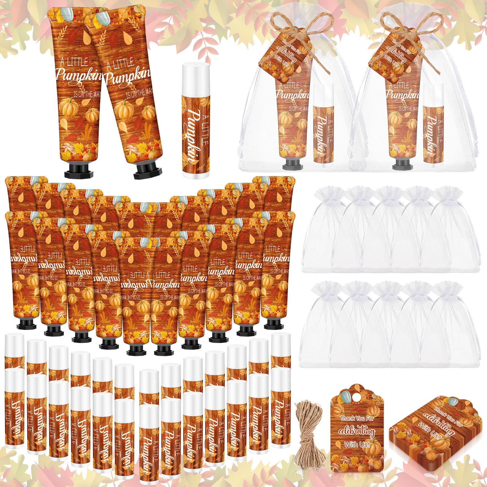 Swiffen 48 Sets 192 Pcs Fall Thanksgiving Baby Shower Gifts Bulk – Pumpkin Hand Cream & Lip Balm Favors