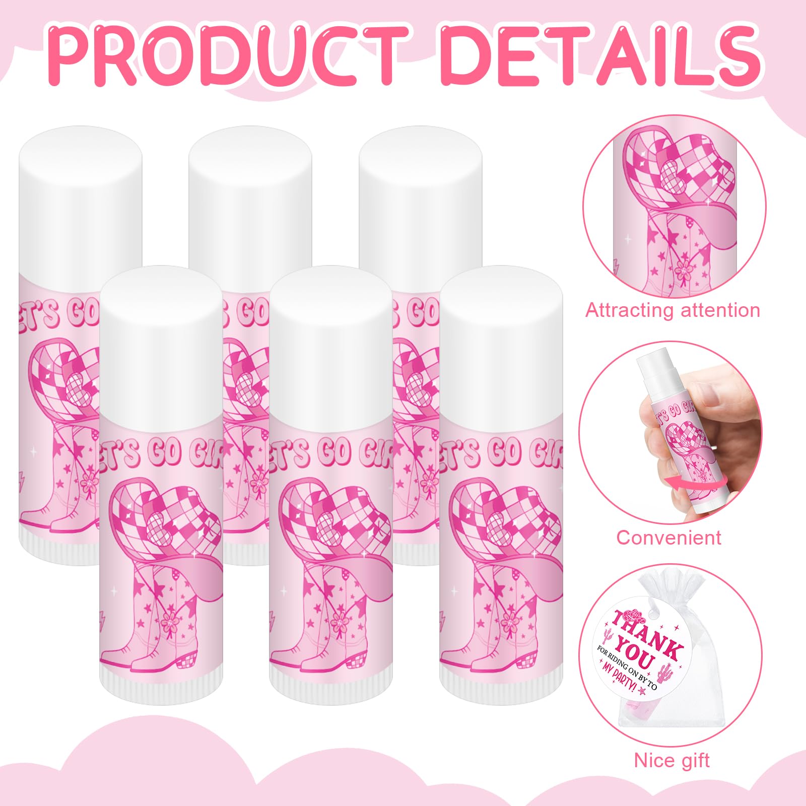 Swiffen 24-Set Lets Go Girls Cowgirl Lip Balm Party Favors with Organza Bags & Cards