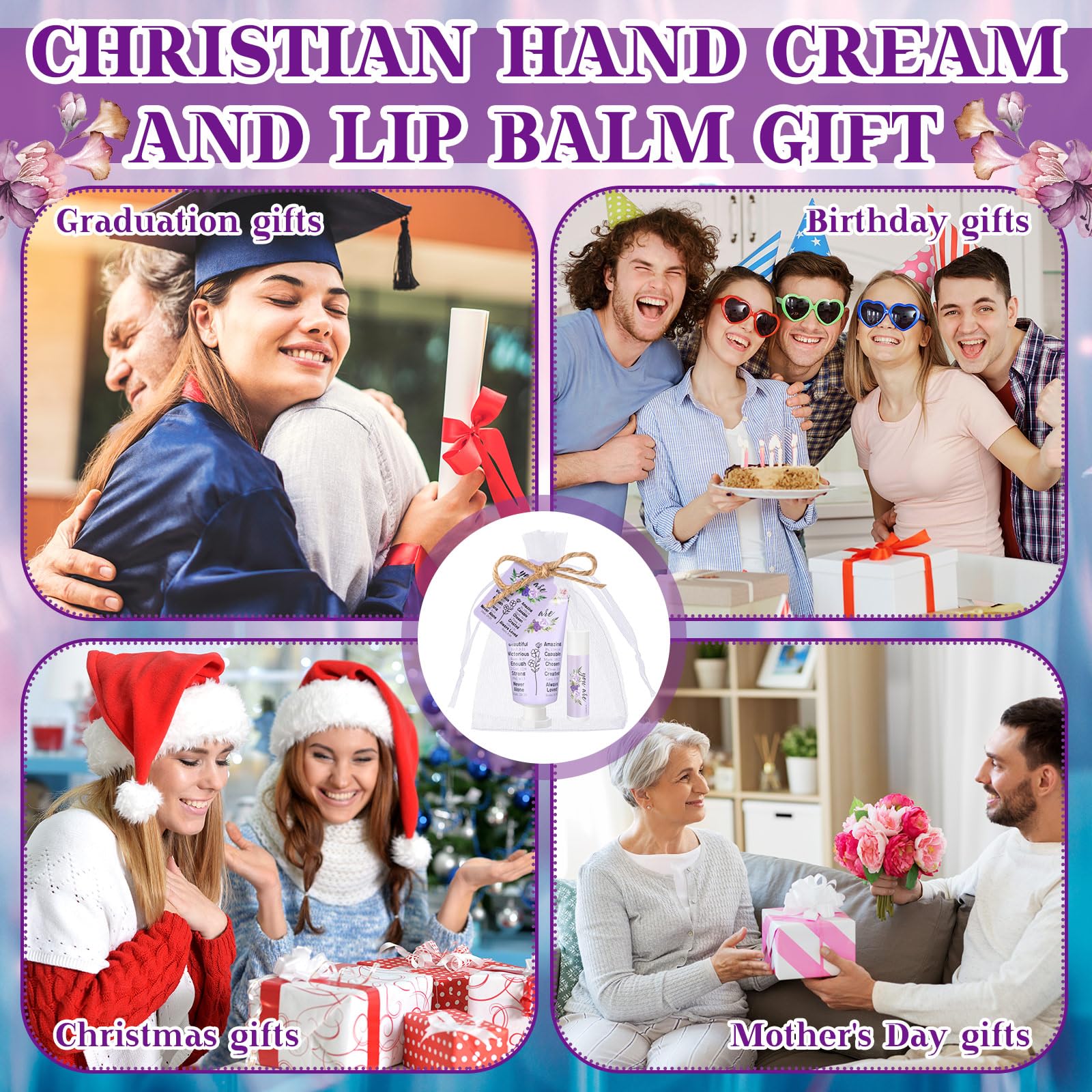 Swiffen 24-Set Christian Hand Cream and Lip Balm Gift Set – Travel-Size, Bible Verse Design, Elegant Gift for Women