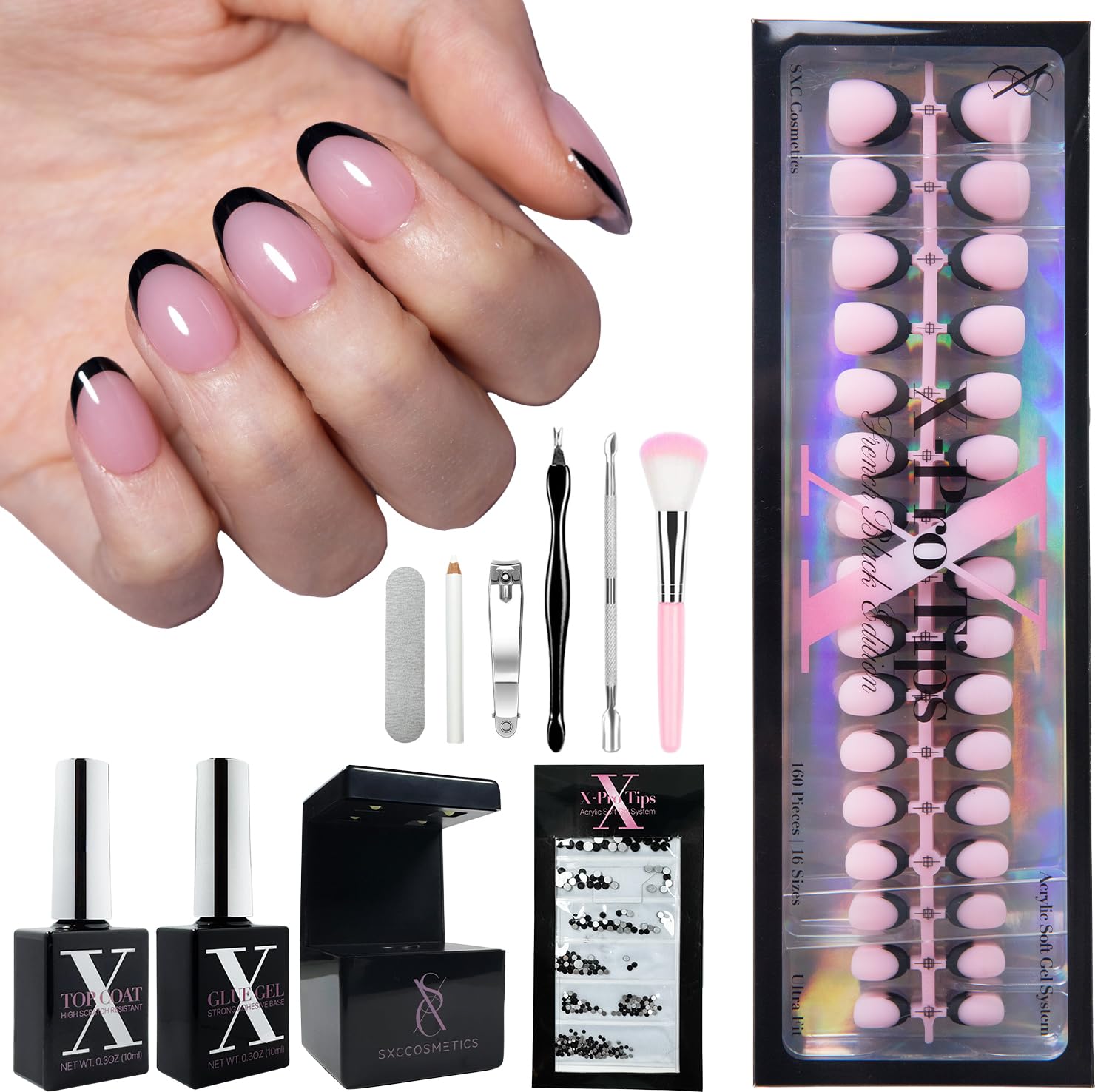 SXC Black Series French Tip Press-On Nails – Extra Short Almond, X-Pro Tips Starter Kit (160pcs)