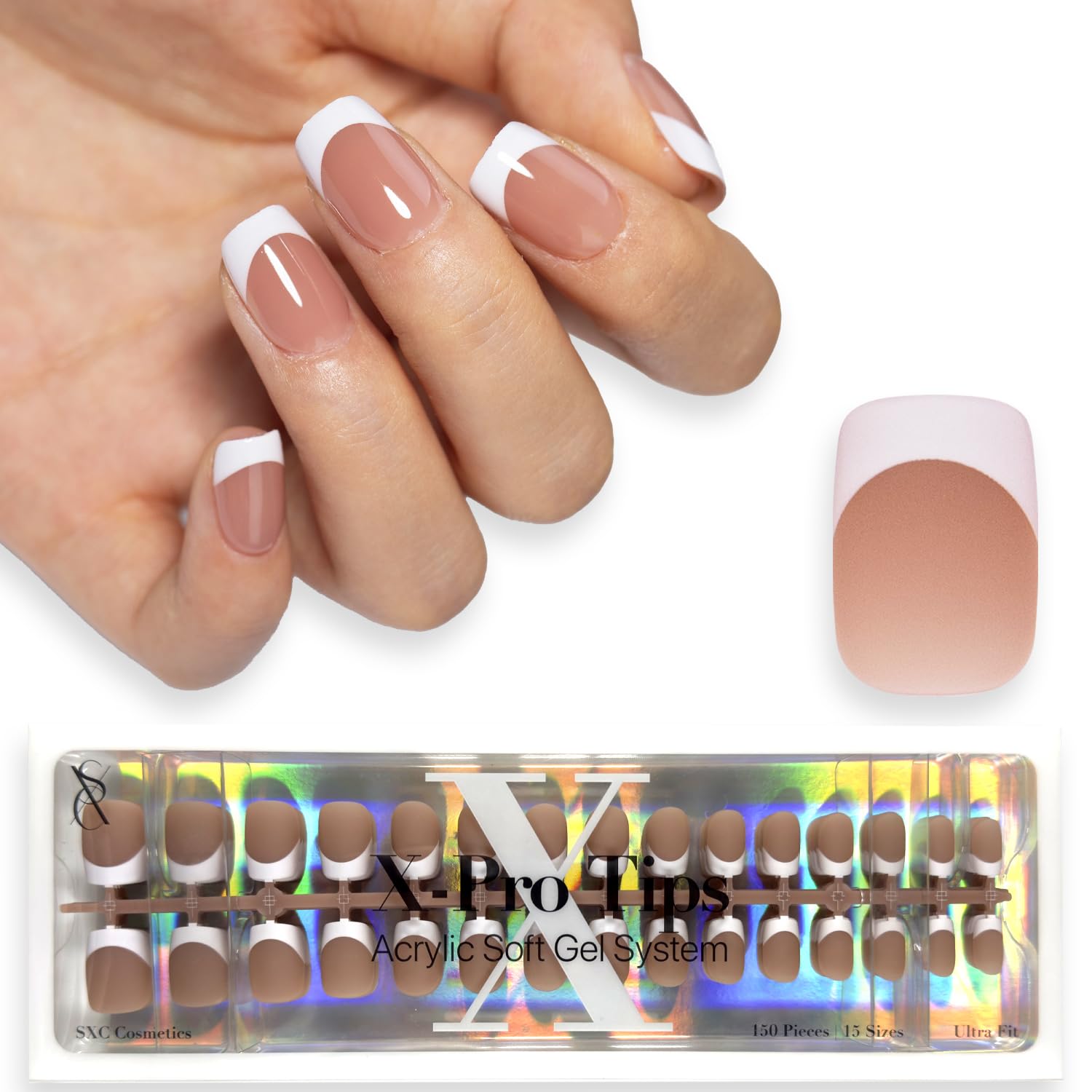 SXC Brown French Tip Press-On Nails – Ultra Fit, 150 Pieces, 15 Sizes, Pre-Applied Primer & Base Coat