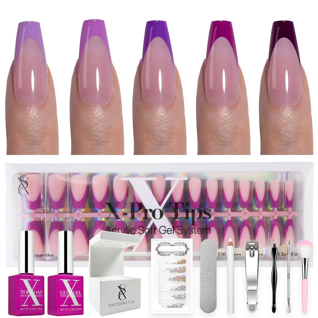 SXC Cosmetics French Tip Press On Nails – Purple Series (Extra Short Square) – 150pcs X-Pro Tips Starter Kit