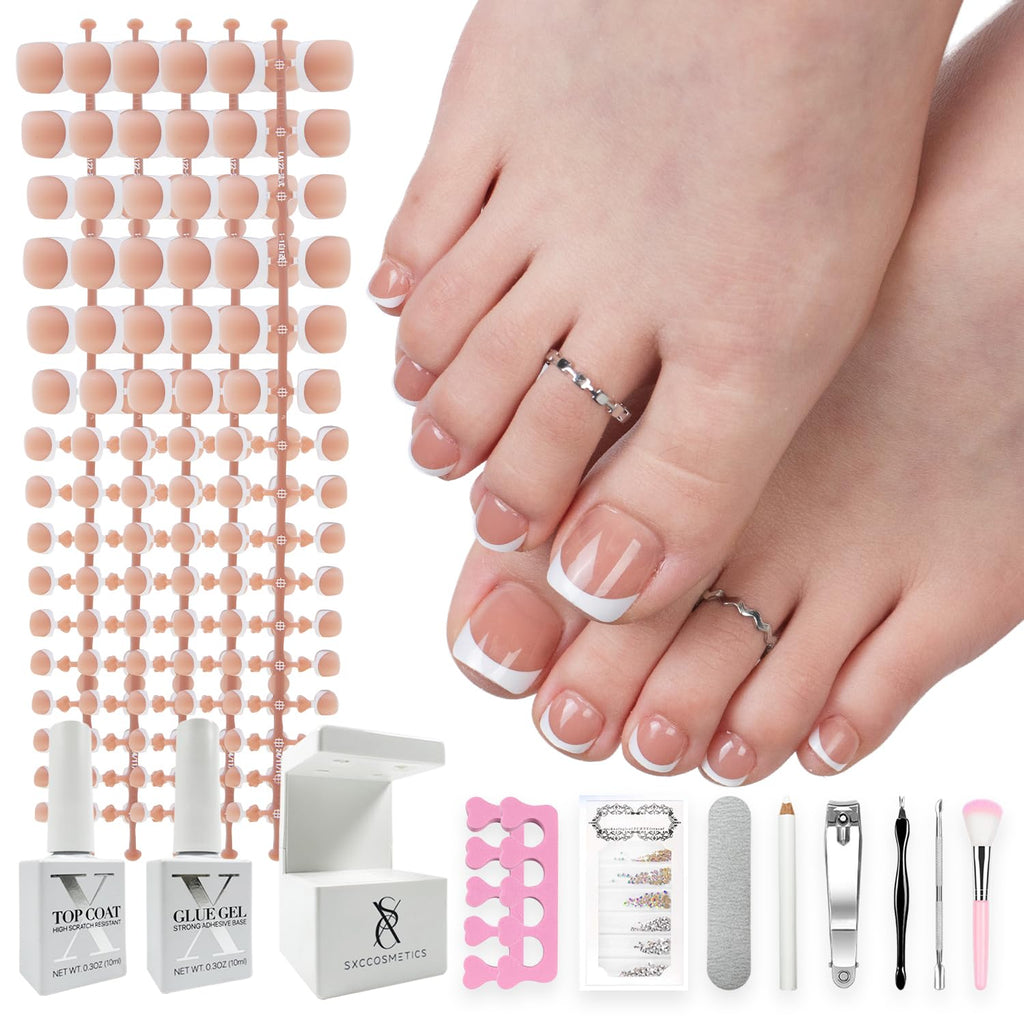 SXC Cosmetics X-Pro Tips French Tip Press On Toenails for Women – Short Brown French, Acrylic Soft Gel System