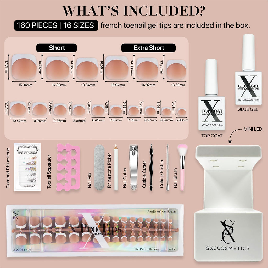 SXC Cosmetics X-Pro Tips French Tip Press On Toenails for Women – Short Brown French, Acrylic Soft Gel System