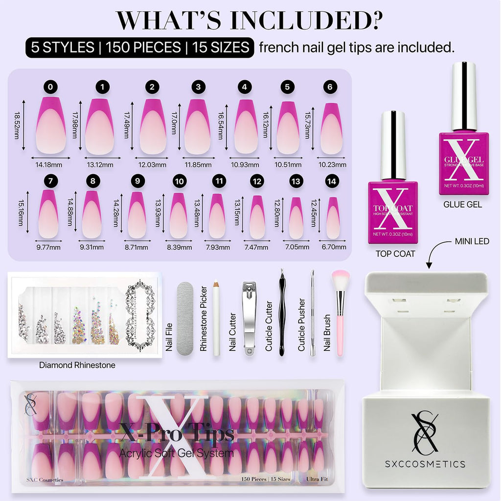 SXC Cosmetics French Tip Press On Nails – Purple Series (Extra Short Square) – 150pcs X-Pro Tips Starter Kit