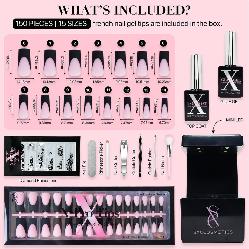 SXC Cosmetics French Tip Press On Nails – Black Series, Medium Square | X-Pro Tips Starter Kit, 150PCS, 15 Sizes, 5 Styles, Beginner-Friendly