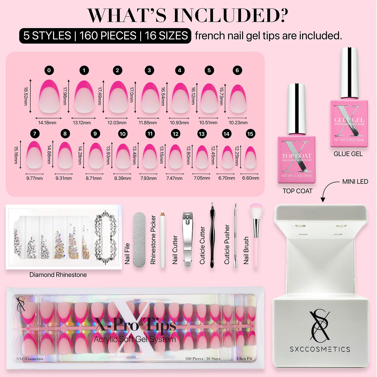 SXC Cosmetics French Tip Press On Nails – Pink Series Starter Kit with X-Pro Tips | 160 PCS, 16 Sizes, 5 Styles, Beginner-Friendly