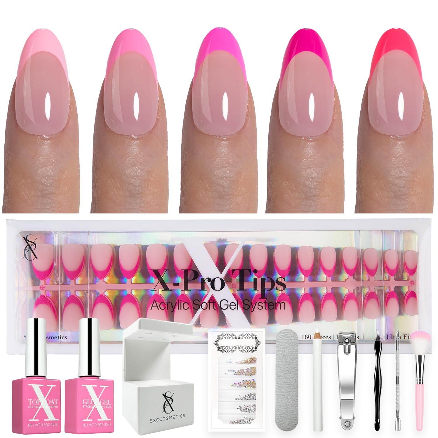 SXC Cosmetics French Tip Press On Nails – Pink Series Starter Kit with X-Pro Tips | 160 PCS, 16 Sizes, 5 Styles, Beginner-Friendly