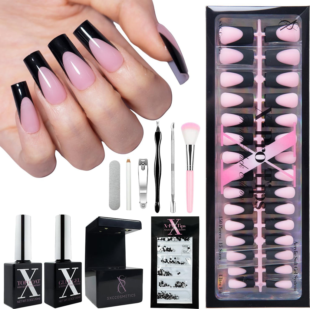 SXC Cosmetics French Tip Press On Nails – Black Series, Medium Square | X-Pro Tips Starter Kit, 150PCS, 15 Sizes, 5 Styles, Beginner-Friendly
