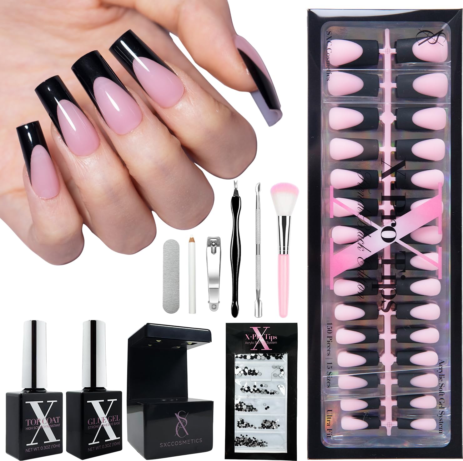 SXC Cosmetics French Tip Press On Nails – Black Series, Medium Square | X-Pro Tips Starter Kit, 150PCS, 15 Sizes, 5 Styles, Beginner-Friendly