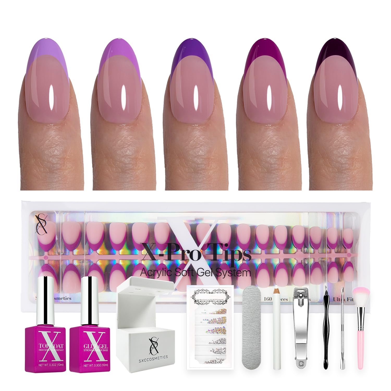 SXC Cosmetics French Tip Press On Nails – Purple Series, Short Almond, X-Pro Tips Starter Kit | 160PCS, 16 Sizes, 5 Styles, Beginner-Friendly
