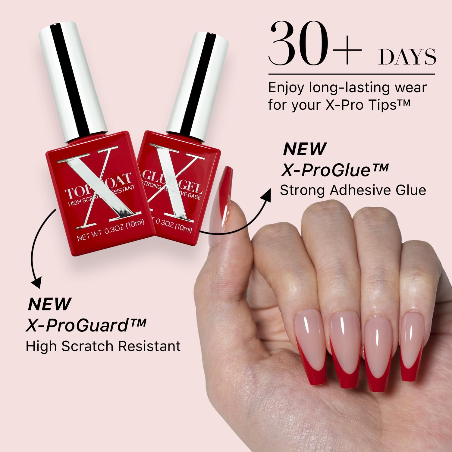 SXC Cosmetics X-Pro Tips French Tip Press-On Nails – French Red Edition, Coffin Shape (RED120KIT-M)