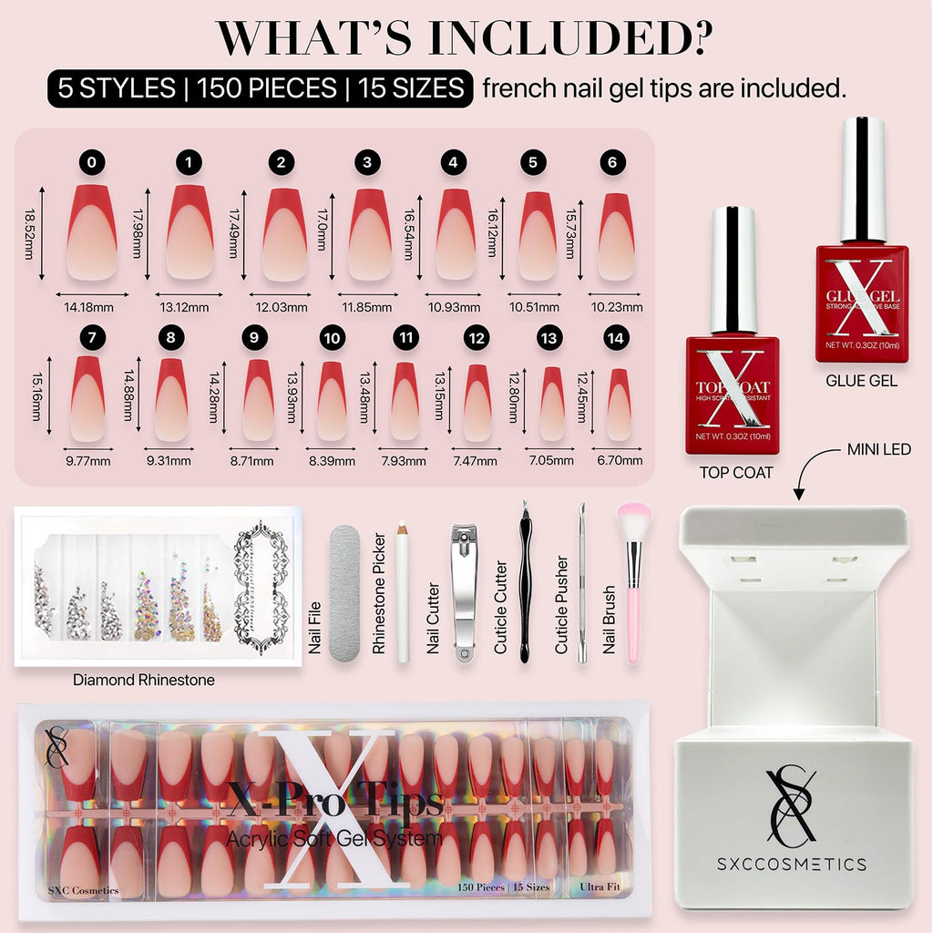 SXC Cosmetics X-Pro Tips French Tip Press-On Nails – French Red Edition, Coffin Shape (RED120KIT-M)