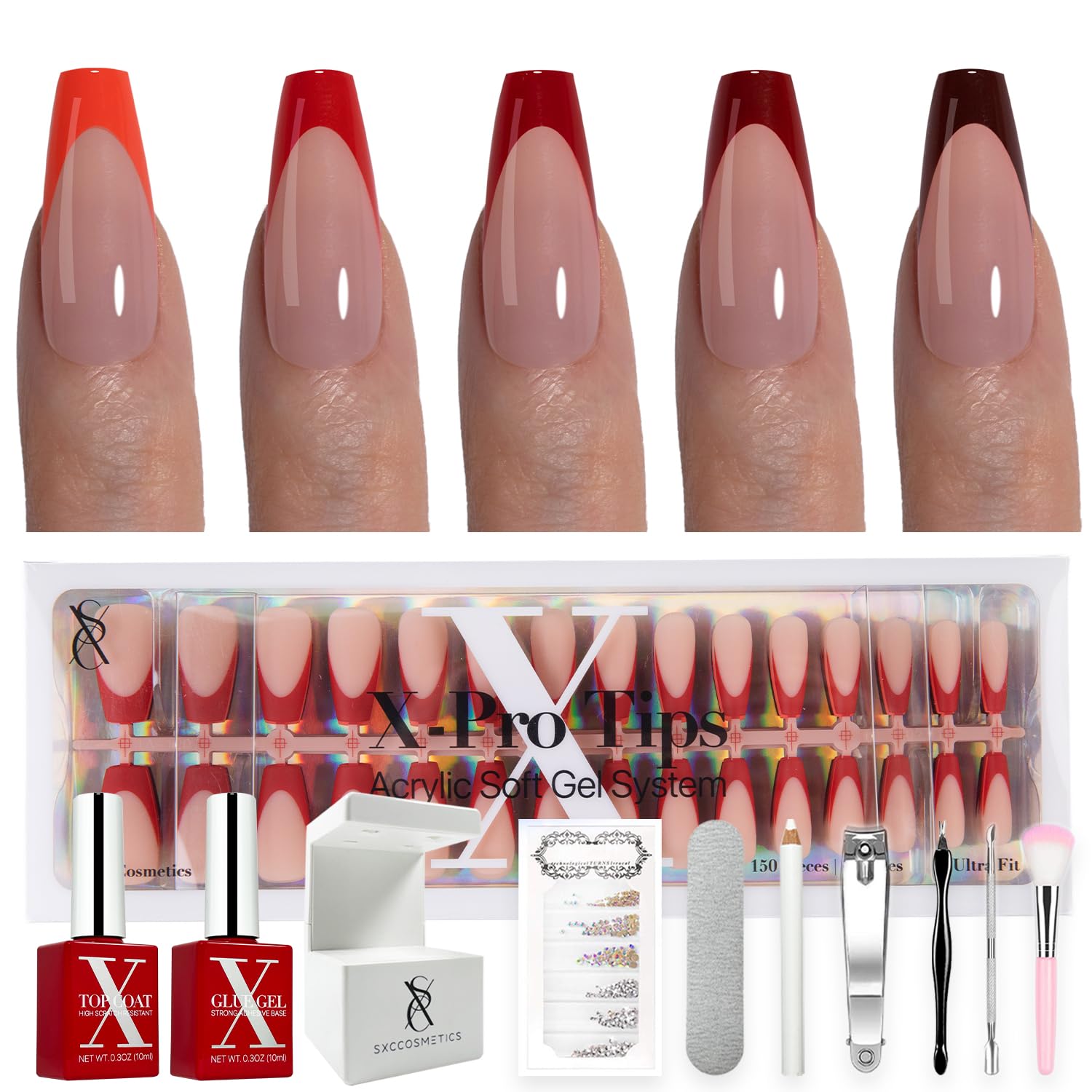 SXC Cosmetics X-Pro Tips French Tip Press-On Nails – French Red Edition, Coffin Shape (RED120KIT-M)