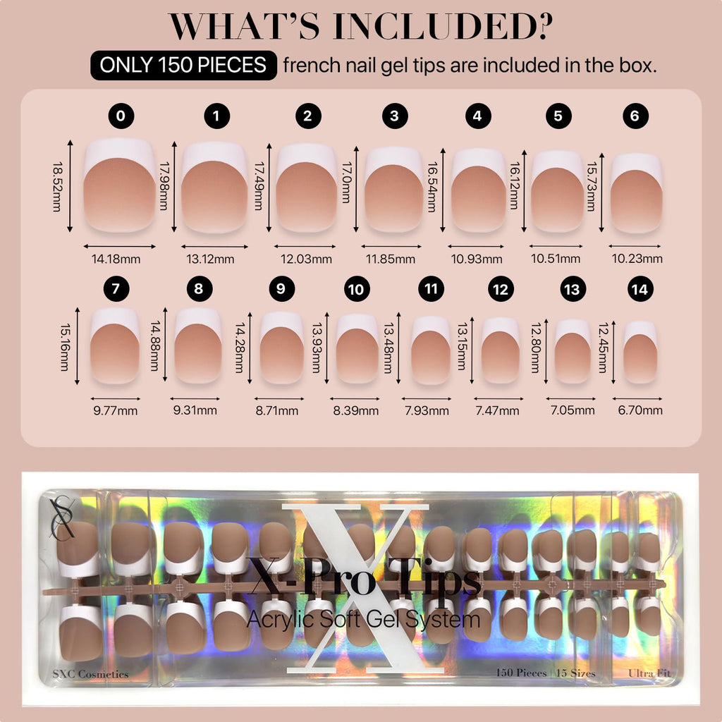 SXC Brown French Tip Press-On Nails – Ultra Fit, 150 Pieces, 15 Sizes, Pre-Applied Primer & Base Coat