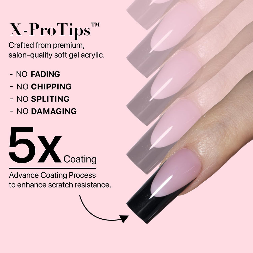SXC Cosmetics French Tip Press On Nails – Black Series, Medium Square | X-Pro Tips Starter Kit, 150PCS, 15 Sizes, 5 Styles, Beginner-Friendly