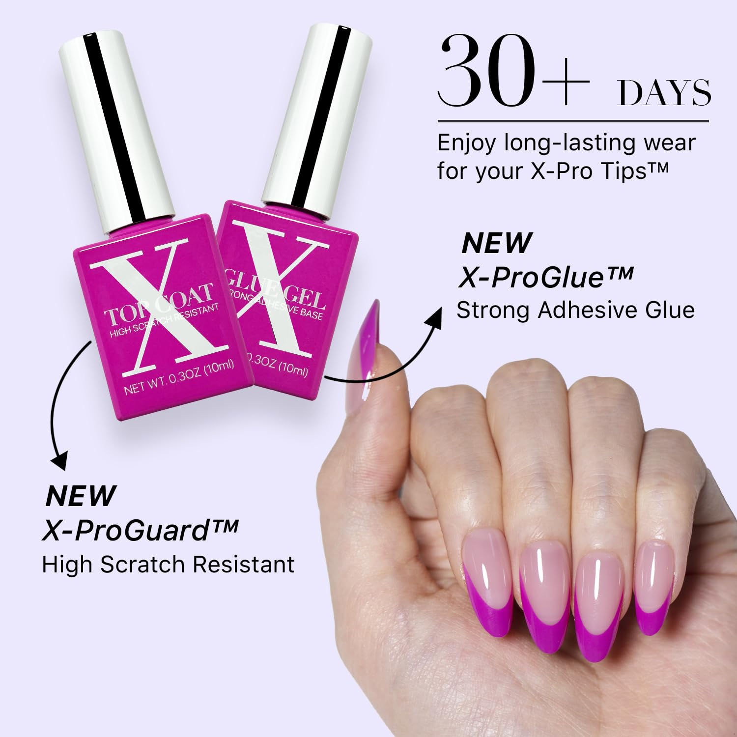 SXC Cosmetics Purple Series French Tip Press On Nails – Medium Almond, X-Pro Tips Starter Kit (150pcs)