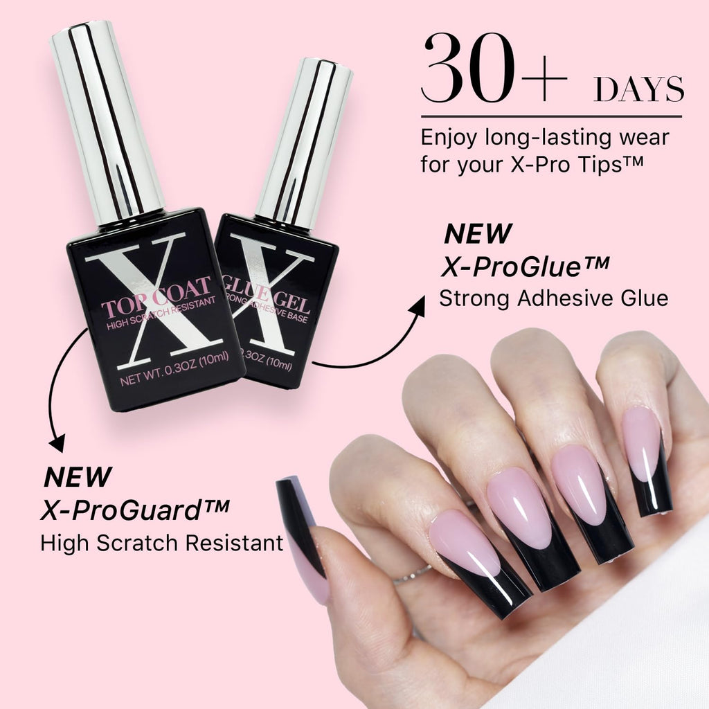 SXC Cosmetics French Tip Press On Nails – Black Series, Medium Square | X-Pro Tips Starter Kit, 150PCS, 15 Sizes, 5 Styles, Beginner-Friendly