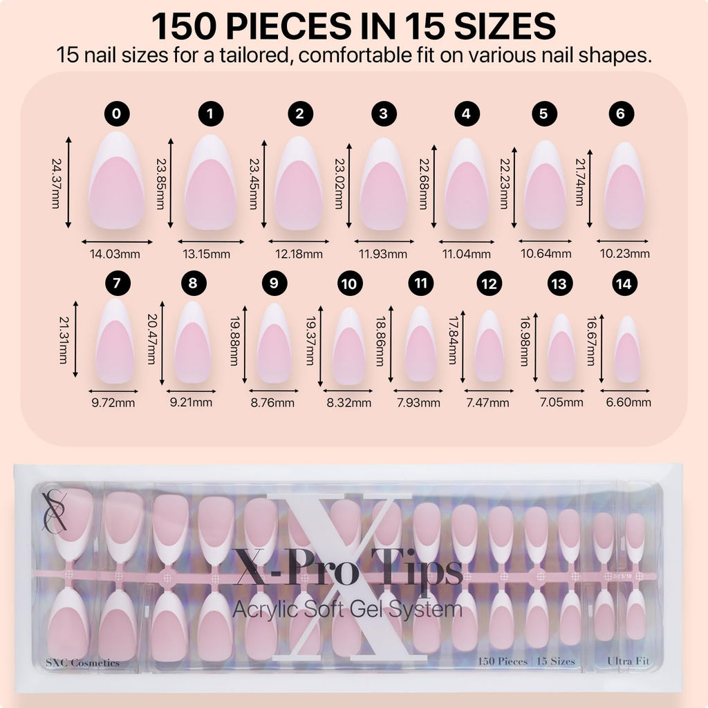 SXC French Tip Press-On Nails Pink — Medium Almond, 150 Pieces, Ultra Fit, Pre-applied Primer & Base Coat