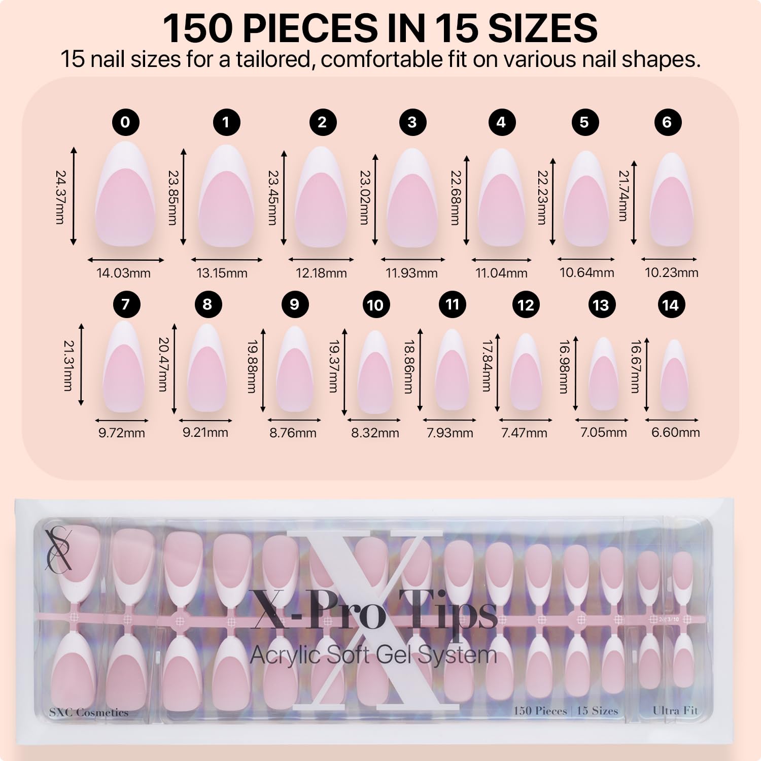 SXC French Tip Press-On Nails Pink — Medium Almond, 150 Pieces, Ultra Fit, Pre-applied Primer & Base Coat