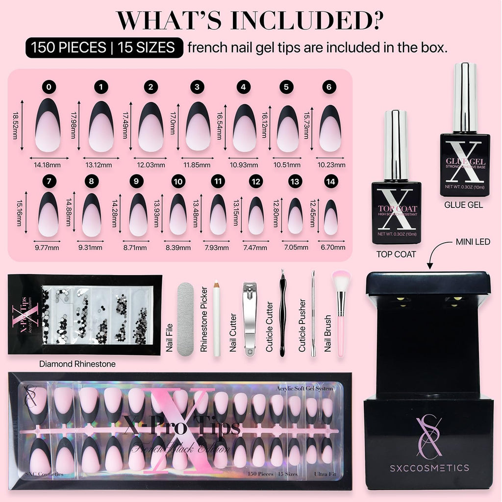 SXC Black Series French Tip Press-On Nails – X-Pro Tips Starter Kit (150pcs, 15 sizes, 5 styles)