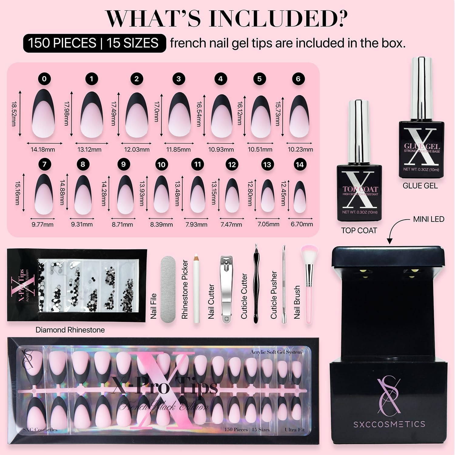 SXC Black Series French Tip Press-On Nails – X-Pro Tips Starter Kit (150pcs, 15 sizes, 5 styles)