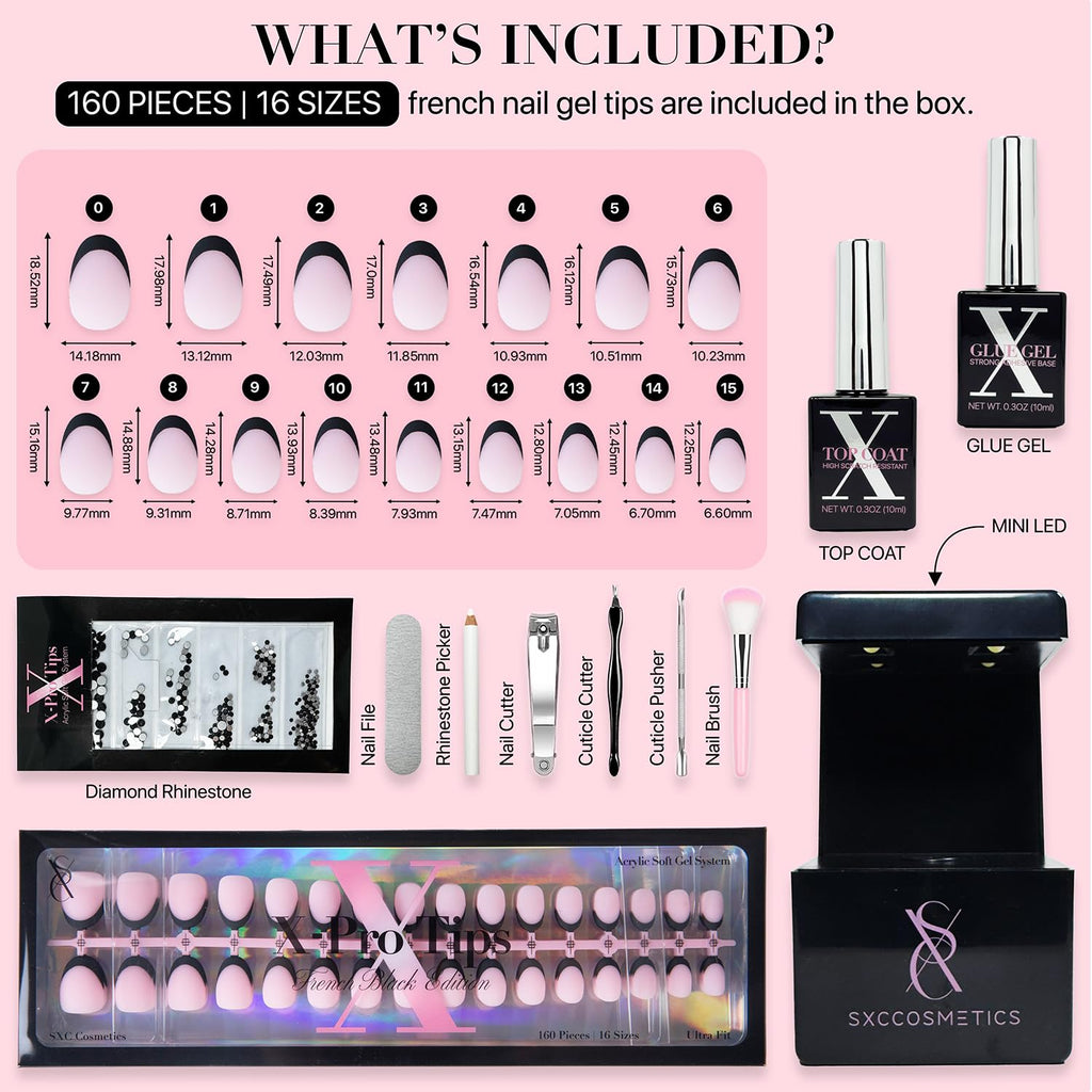 SXC Black Series French Tip Press-On Nails – Extra Short Almond, X-Pro Tips Starter Kit (160pcs)
