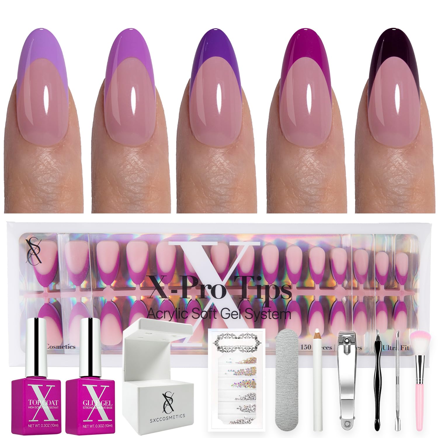 SXC Cosmetics Purple Series French Tip Press On Nails – Medium Almond, X-Pro Tips Starter Kit (150pcs)