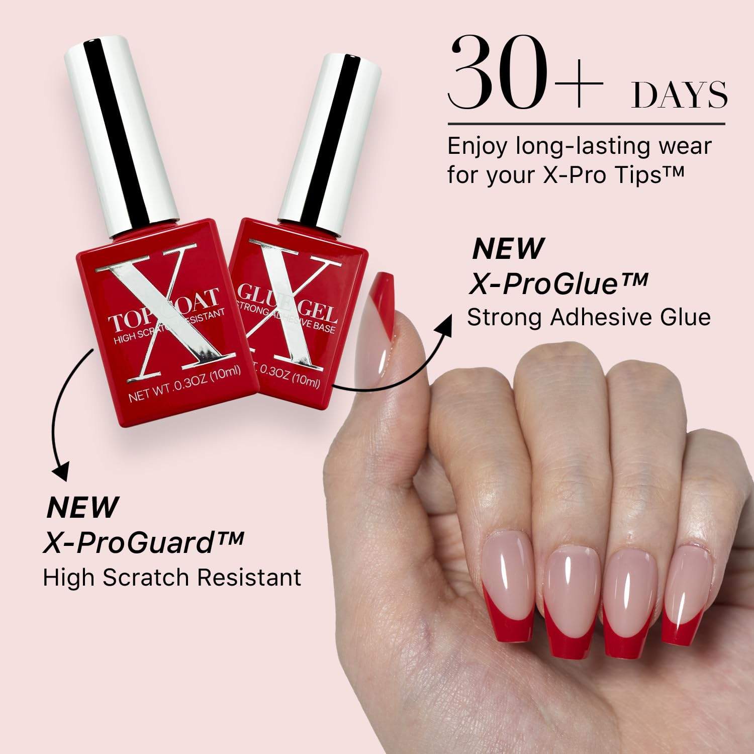 SXC Red Series French Tip Press On Nails – Short Coffin Starter Kit (160pcs, 16 sizes, 5 styles)