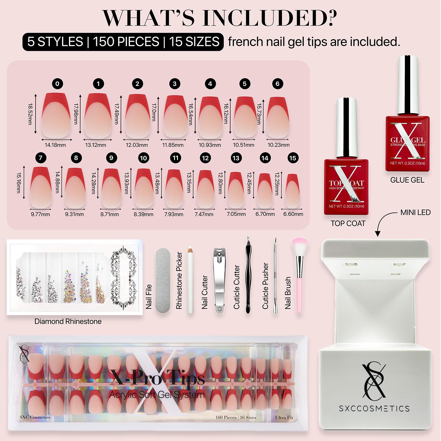 SXC Red Series French Tip Press On Nails – Short Coffin Starter Kit (160pcs, 16 sizes, 5 styles)