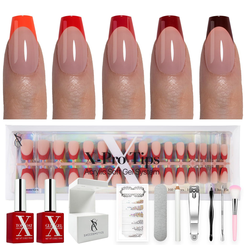 SXC Red Series French Tip Press On Nails – Short Coffin Starter Kit (160pcs, 16 sizes, 5 styles)