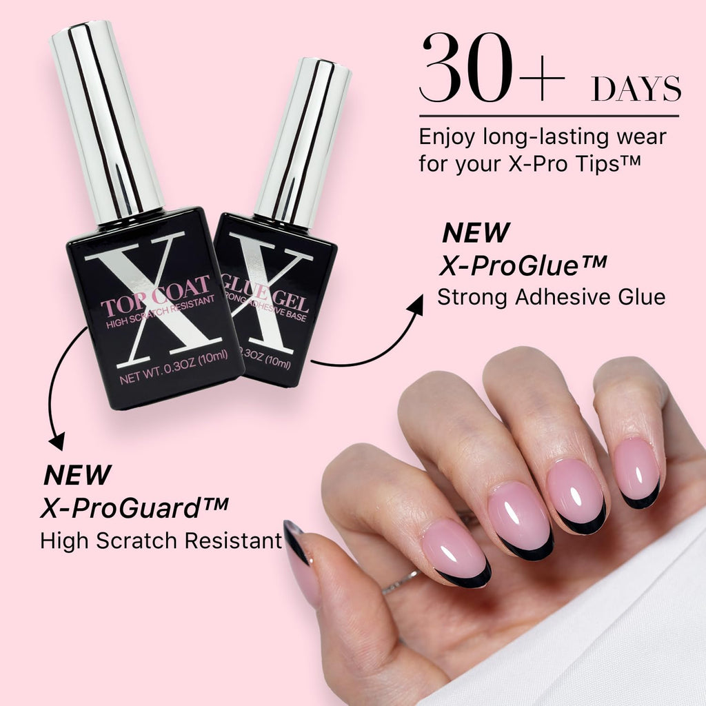 SXC Black Series French Tip Press-On Nails – Extra Short Almond, X-Pro Tips Starter Kit (160pcs)