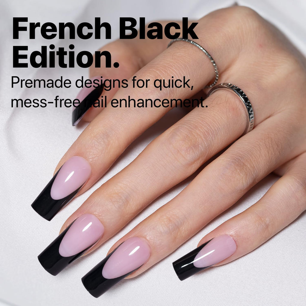 SXC Cosmetics French Tip Press On Nails – Black Series, Medium Square | X-Pro Tips Starter Kit, 150PCS, 15 Sizes, 5 Styles, Beginner-Friendly