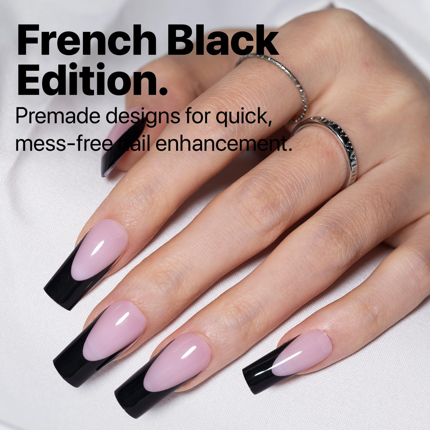 SXC Cosmetics French Tip Press On Nails – Black Series, Medium Square | X-Pro Tips Starter Kit, 150PCS, 15 Sizes, 5 Styles, Beginner-Friendly